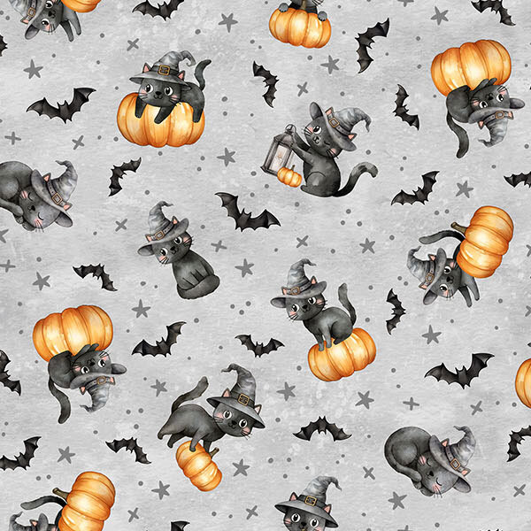 tossed print of black cats in witch hats featured with pumpkins, lanterns, and bats on a mottled light gray background accented with tonal stars.