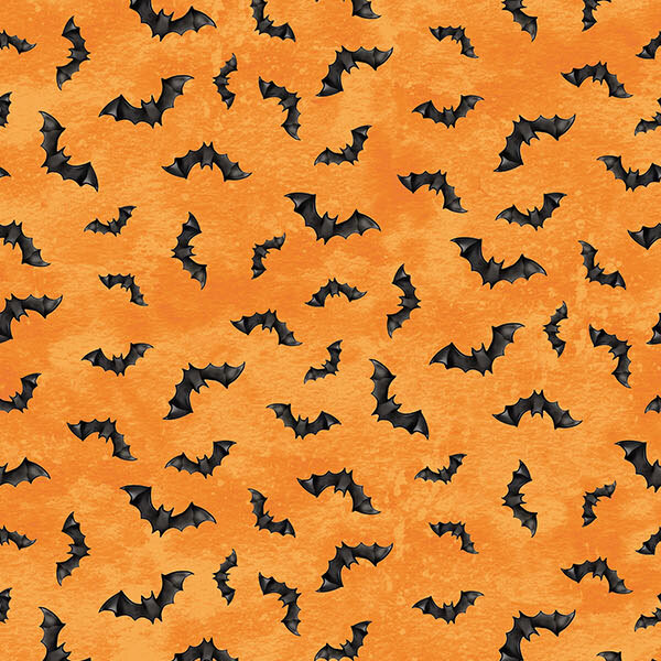 mottled orange fabric with a print of tossed black bats.