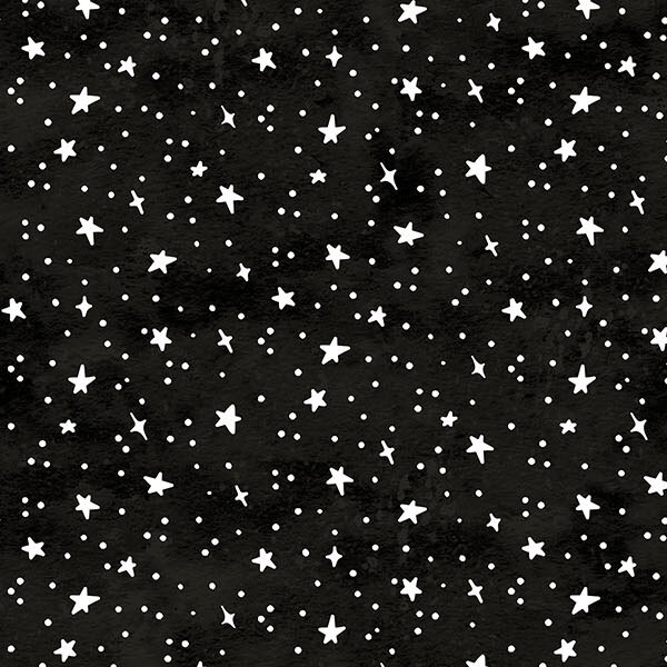 pitch black fabric featuring scattered white stars, dots, and tiny celestial accents.