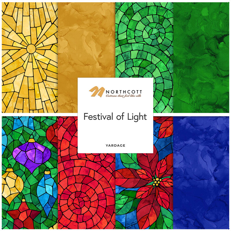 Poster titled “Festival of Light” Yardage, with colorful stained-glass floral panels.