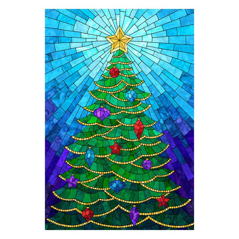 Azure blue fabric panel with a stained glass-style design of a Christmas tree adorned with ornaments.