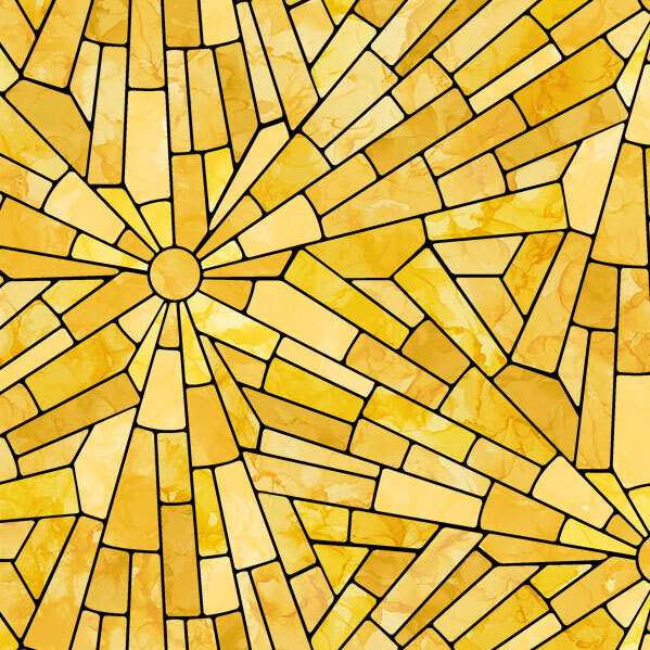 Yellow fabric with a mosaic-style geometric pattern reminiscent of stylized stars.