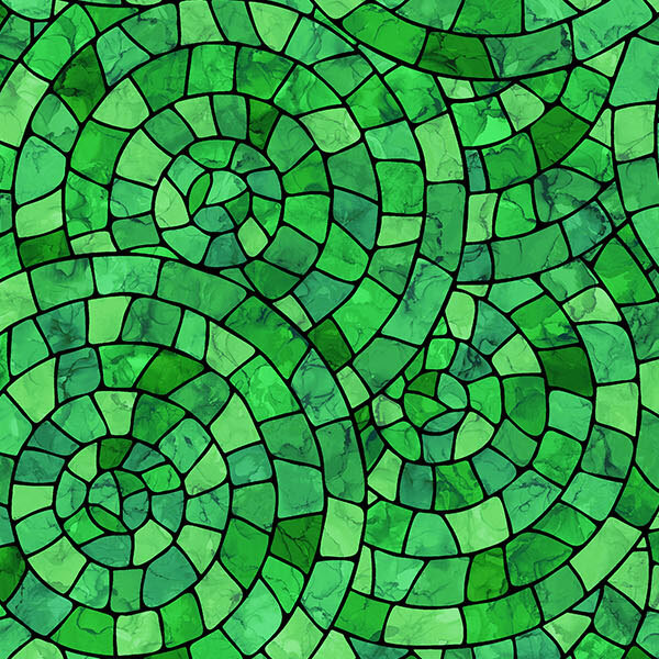 Green fabric with a mosaic-style pattern of stylized circles.