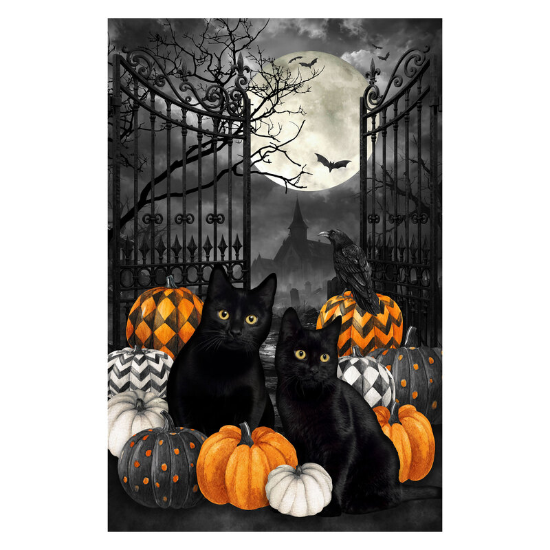 Panel with a castle behind a gothic gate and black cats, crows, and painted pumpkins.