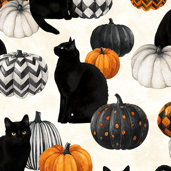 Mottled white cream fabric with multiple scattered scenes of black cats next to stylized Halloween pumpkins.