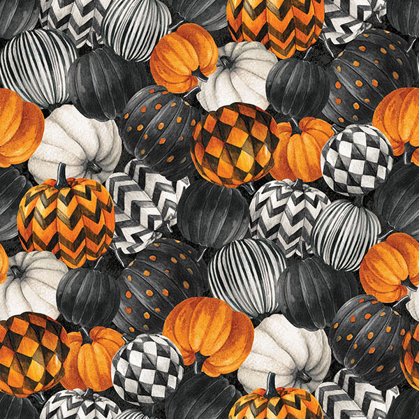 Black fabric with a packed pattern of white, black, and orange pumpkins with various patterns.
