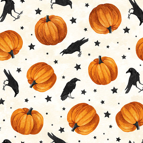 Mottled cream fabric with a tossed pattern of stars, pumpkins, and black crows.