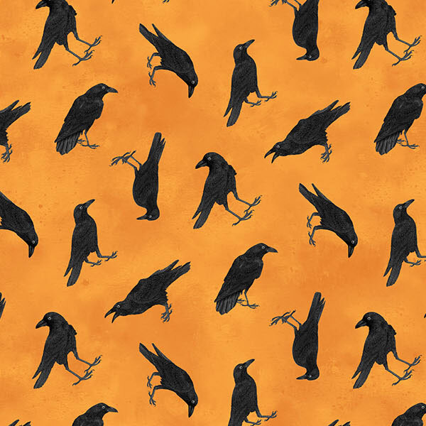 Mottled pumpkin orange fabric with a tossed pattern of black crows.