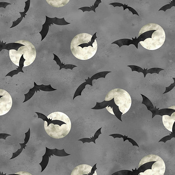 Mottled gray fabric with a tossed pattern of full moons and bats in flight.