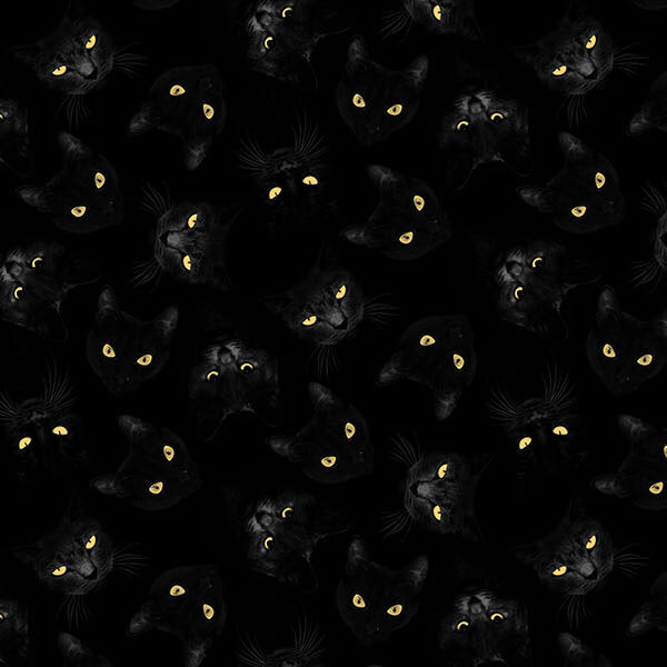 Black fabric with a pattern of packed black cats with yellow eyes.