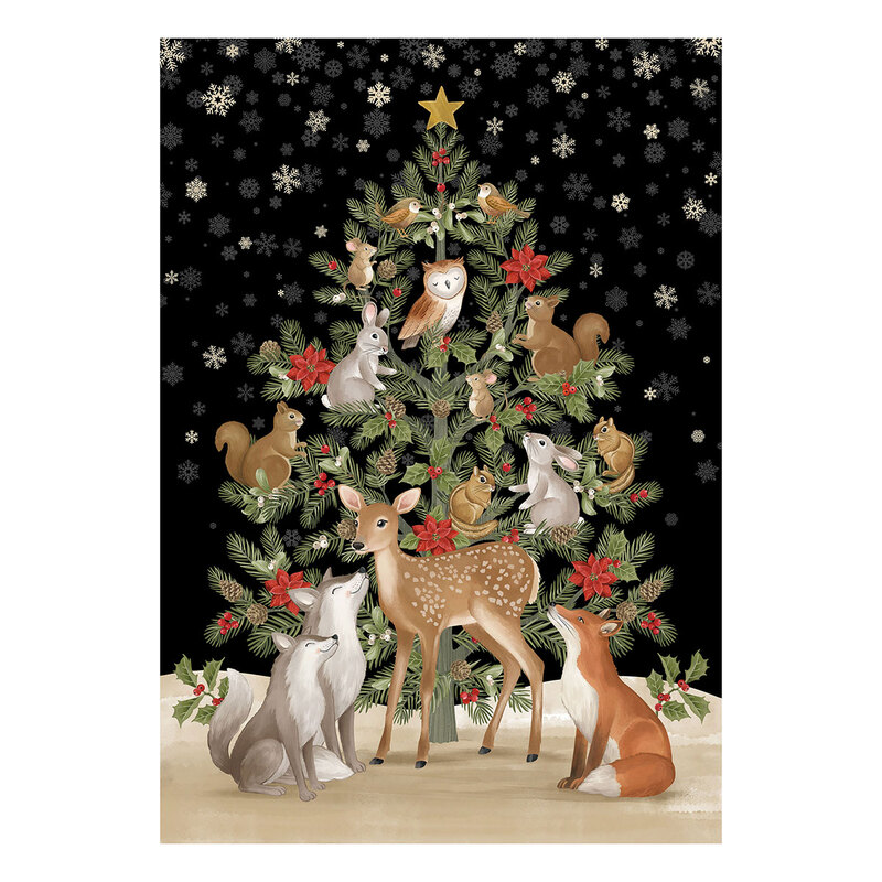 Black panel with cream-colored snowflakes featuring forest animals around a Christmas tree full of poinsettias.