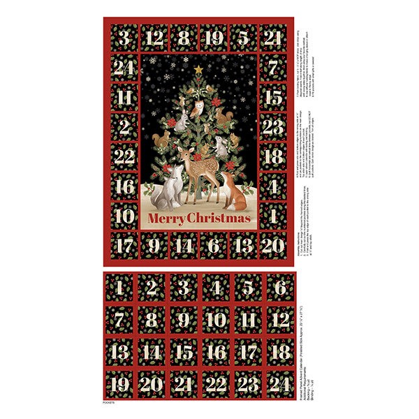 Red panel fabric with woodland animals surrounding a Christmas tree in the middle of an Advent calendar design.