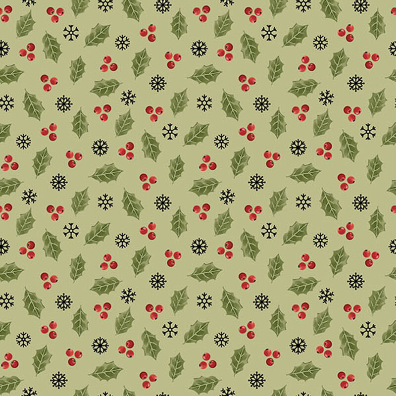 Dark sage fabric with a tossed design of holly leaves, berries, and an assortment of black snowflakes.