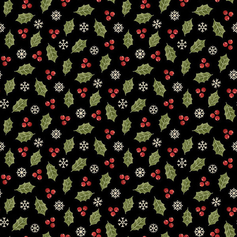 Onyx black fabric with a tossed design of holly leaves, berries, and an assortment of white snowflakes.