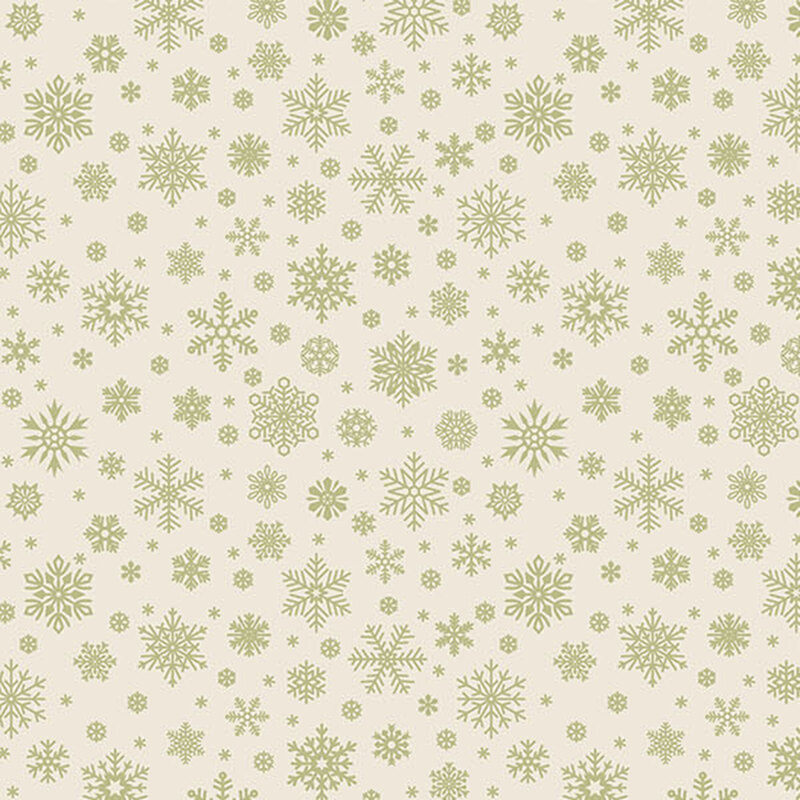 Cream fabric with a wide variety of sage green snowflakes.