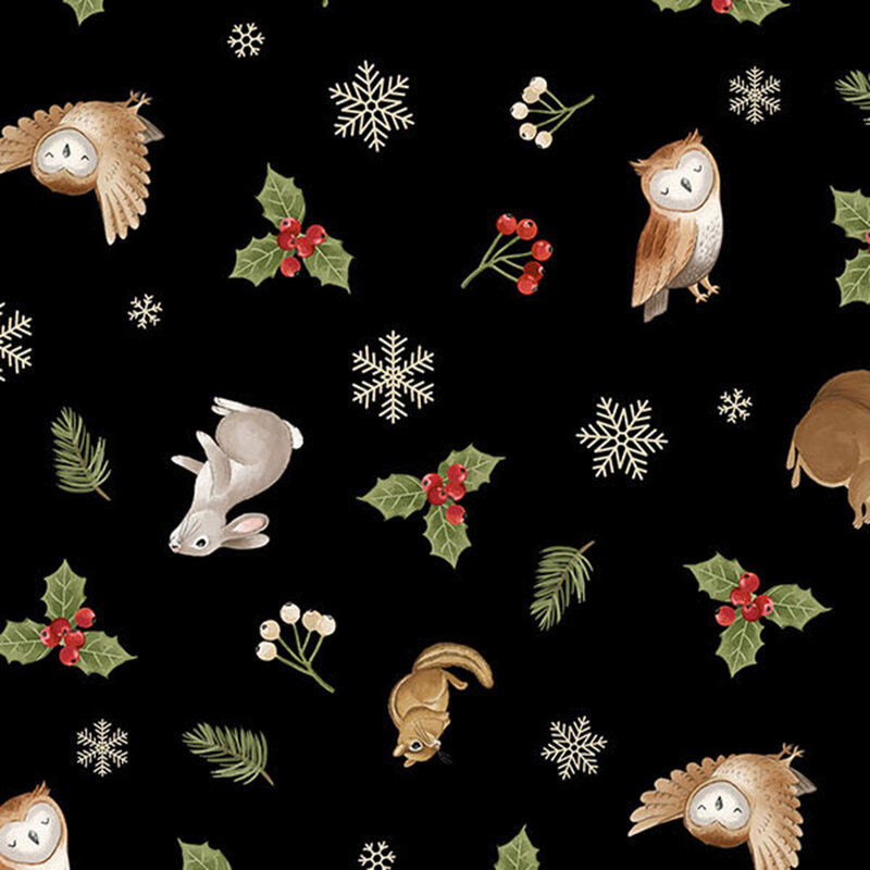 Black fabric with a tossed design of woodland animals, snowflakes, pine sprigs, and holly berries.