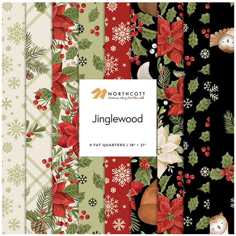 Digital collage of the Fat Quarter Bundle from the Jinglewood fabric collection.