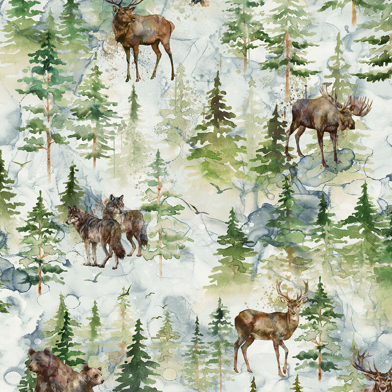 This scenic woodland fabric features watercolor-style elk, moose, wolves, bears, and deer roaming among lush evergreen trees in soft, earthy hues.