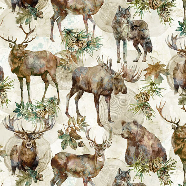 watercolor-style deer, elk, moose, bears, wolves, and eagles accented by pinecones, branches, and leaves on a cream background with shadowed wood rounds.