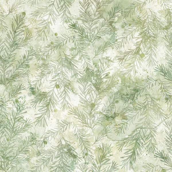 textured pale green fabric with tonal pine branches done in a watercolor style.