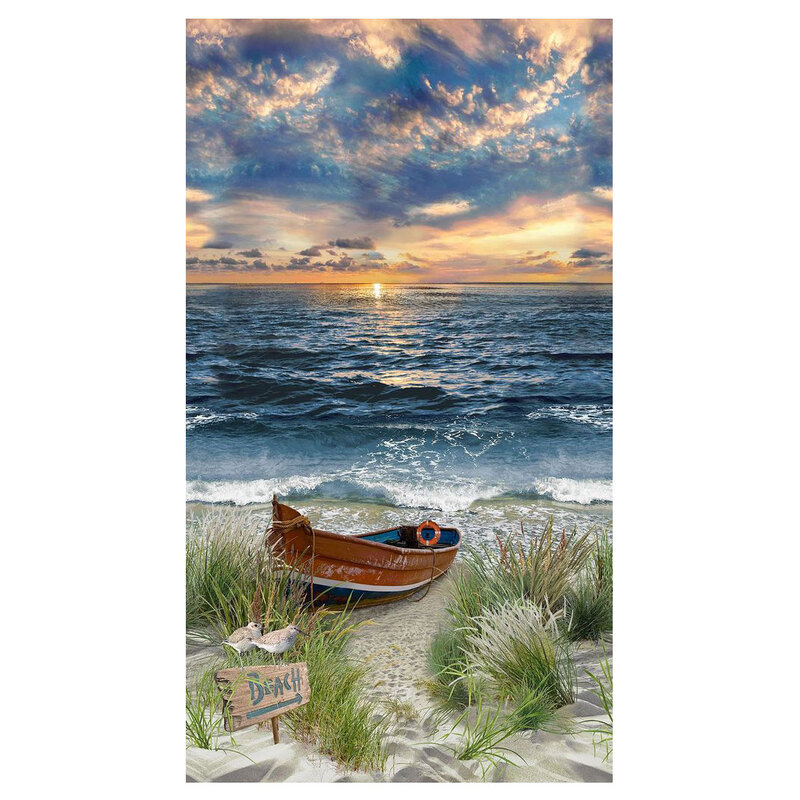 The coastal panel featuring a photorealistic sunset, boat, and two seagulls. 