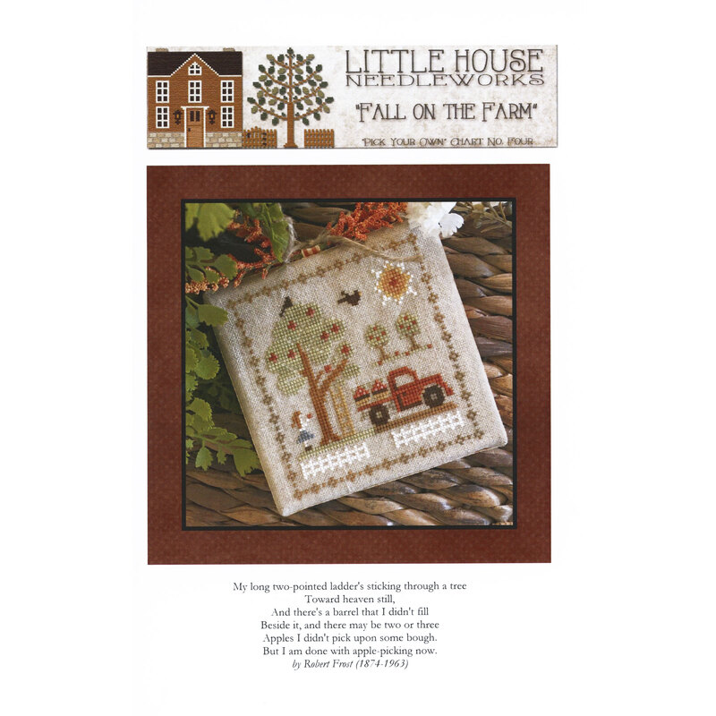 Front of pattern showing the completed cross stitch on a small ornament pillow staged on a table by autumnal sprigs.