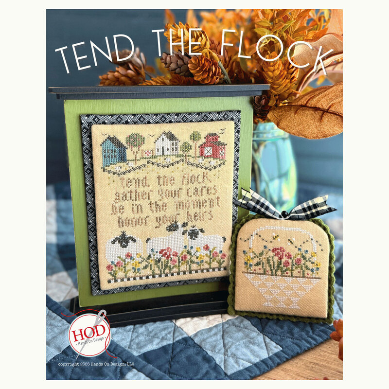 Front image of the Tend the flock Pattern featuring a farm. 