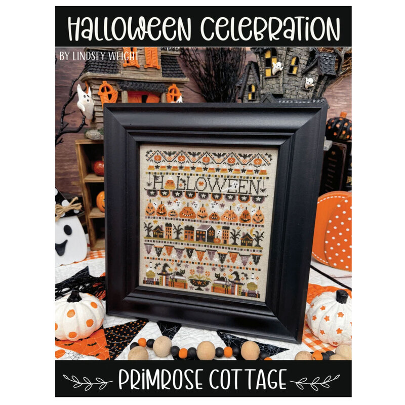 The front of the Halloween Celebration Cross Stitch pattern showing the finished project.