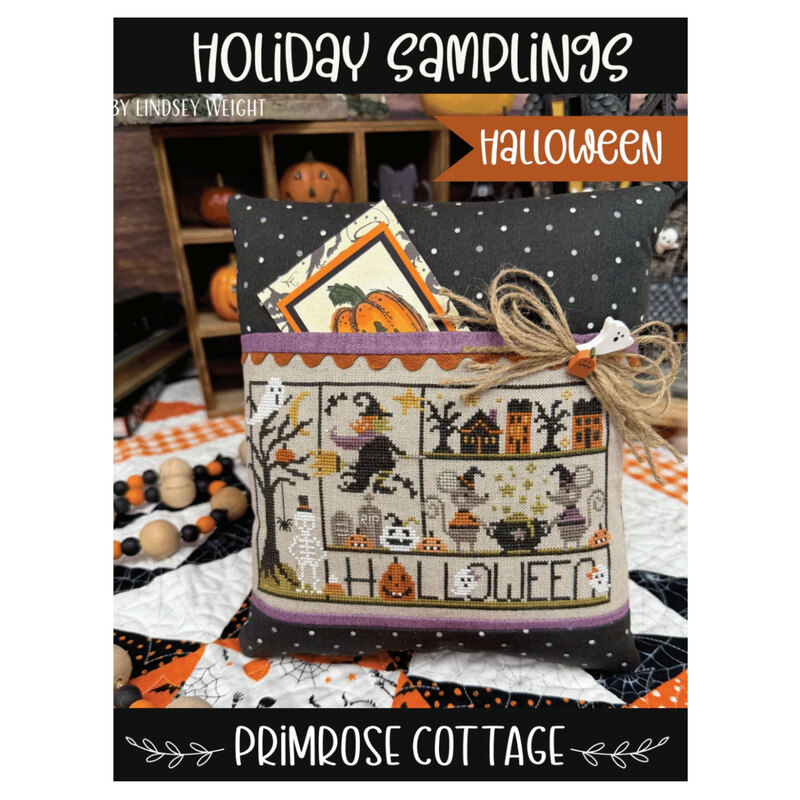 The front of the Holiday Samplings: Halloween Cross Stitch pattern showing the finished project.