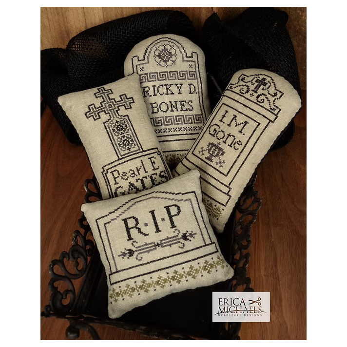 image of the completed Graveyard Cartouches projects finished as pillows.