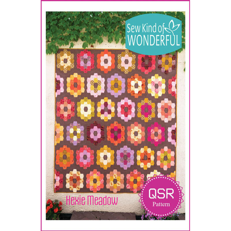 Pattern cover for “Sew Kind of Wonderful” showing a colorful hexie quilt pattern, “Hexie Meadow” QSR pattern.