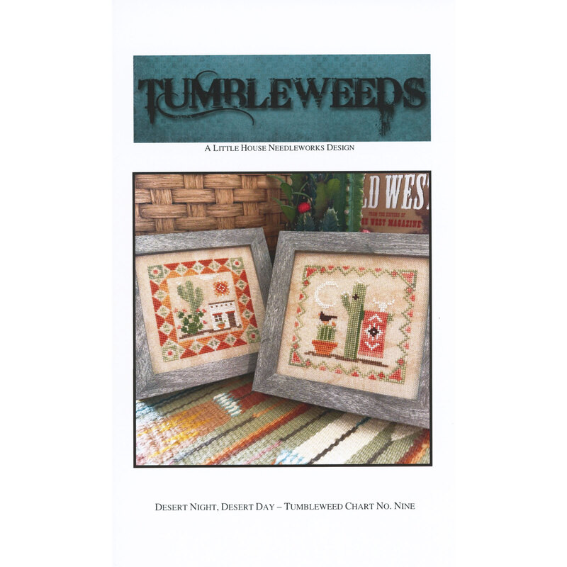Front cover of the Tumbleweeds Desert Night, Desert Day cross stitch patterns in gray wooden frames.