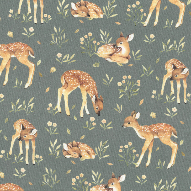 Gray fabric with a design of baby deer in various poses on a wildflower background.