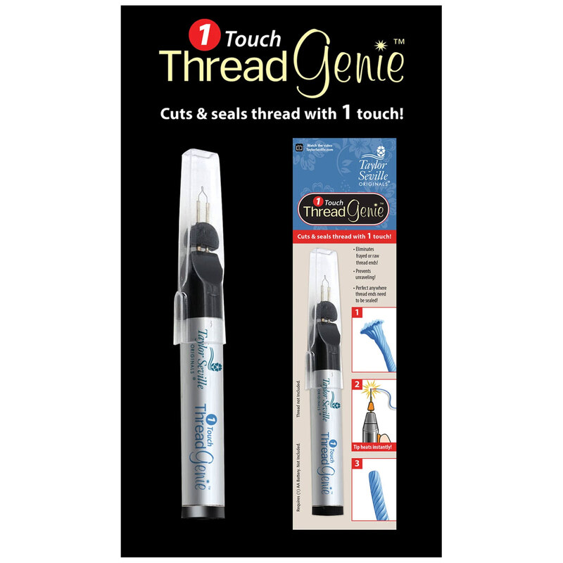 The one touch thread genie isolated on a black background with packaging details. 