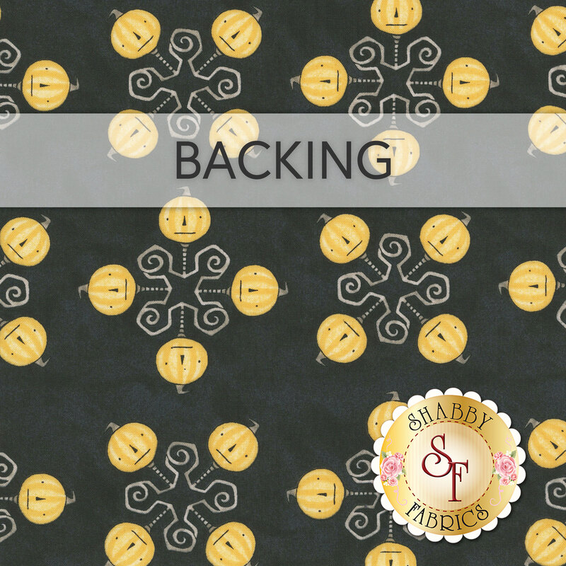 Black swatch of fabric featuring geometric swirl and orange pumpkin motifs; a transparent banner at the top reads "Backing." 