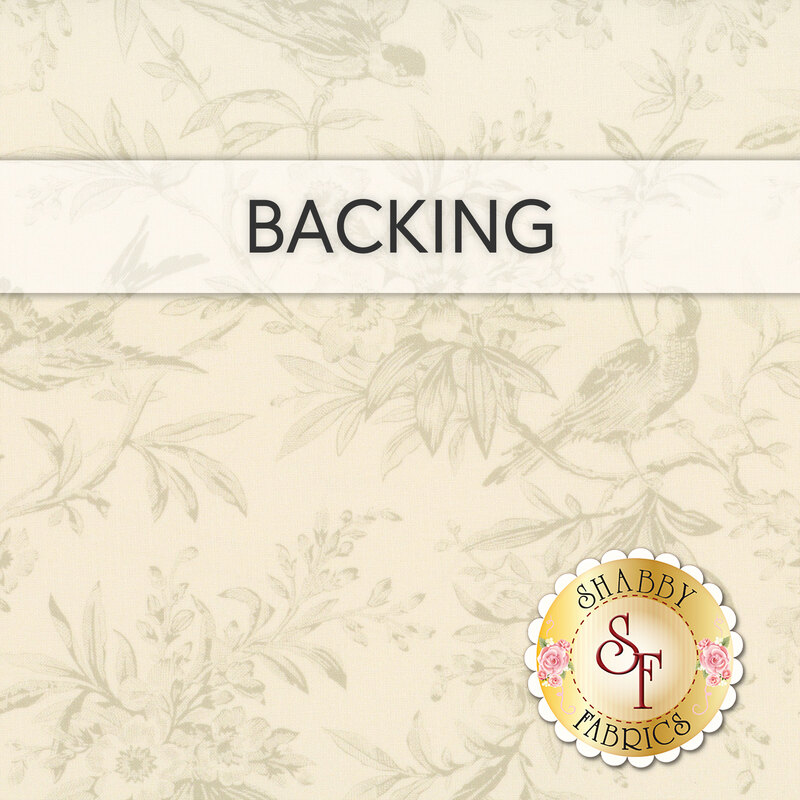 Cream swatch of fabric with a tonal design of leaves, branches, berries, and small etched birds; a transparent banner at the top reads "Backing." 