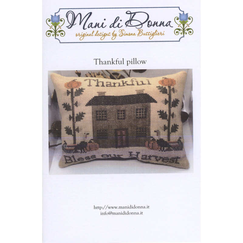 Pattern for the “Thankful” throw pillow with farmhouse house and “Bless one Harvest” text.