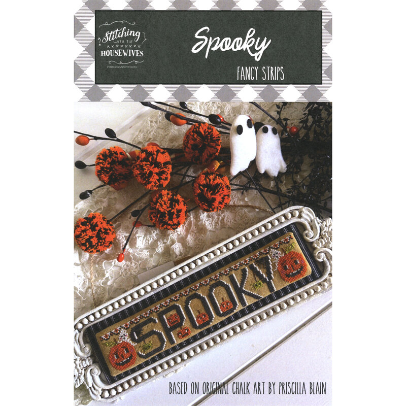 Front of the patern showing finished project staged in a white frame with halloween elements. 