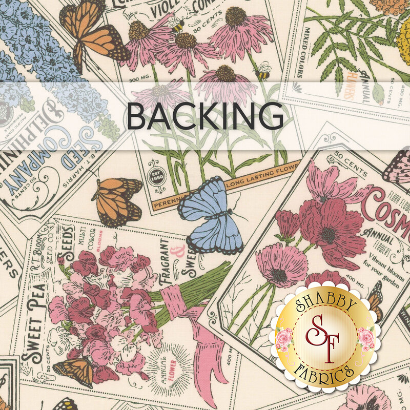 Cream fabric swatch with a tossed collage of seed packets for various flowers as well as multicolor butterflies; a transparent banner at the top reads "Backing."