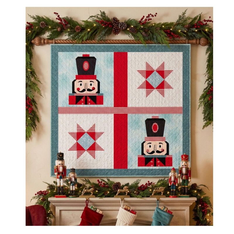 Festive wall hanging with two nutcracker figures and red star blocks, framed by holiday garland.