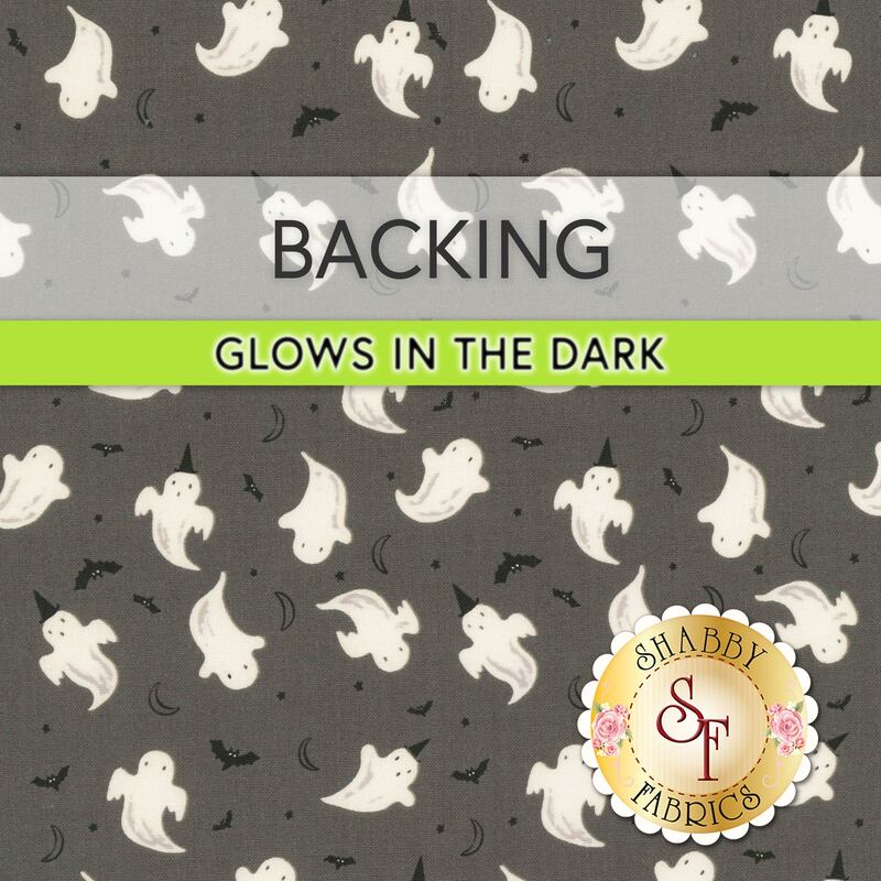 Gray swatch of fabric featuring little white ghosts that glow in the dark; a transparent banner at the top reads "Backing." 