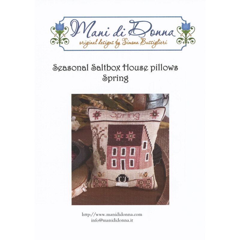 Front page of the Seasonal Saltbox House Pillows Spring cross stitch pattern booklet.
