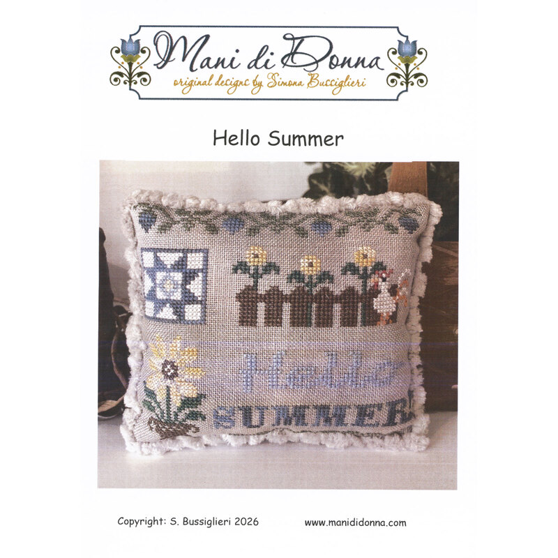 Cross stitch pillow pattern cover reading “Hello Summer” with a summer-themed stitched cushion.