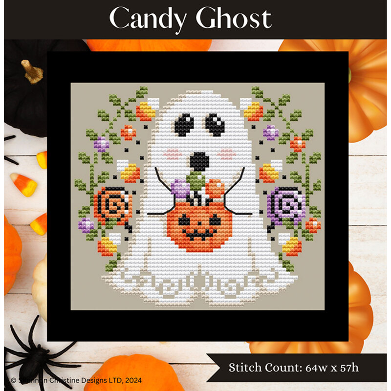 A digital mock up of the Candy Ghost pattern with coordinating décor and a stitch count in the bottom right corner. 