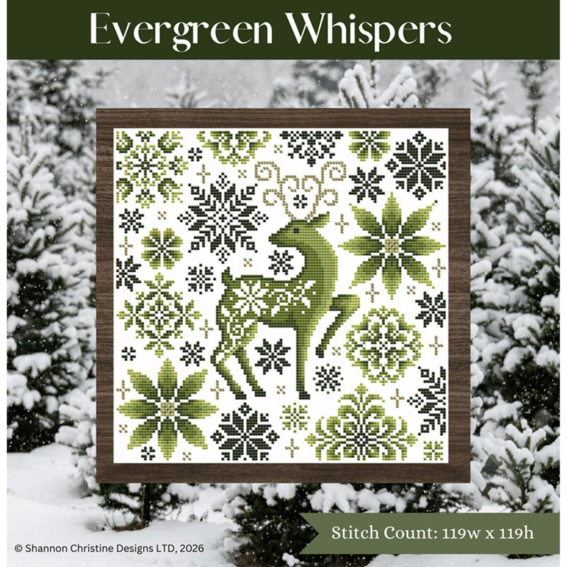 A digital mock up of the evergreen whispers pattern with coordinating background and a stitch count in the bottom right corner. 