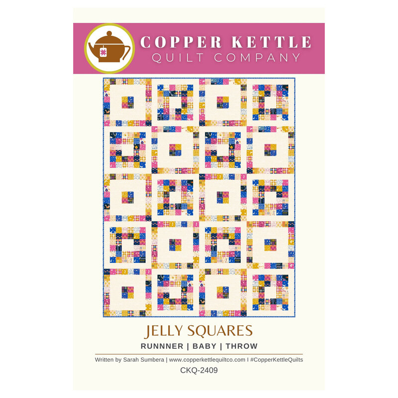 Front of the Jelly Squares quilt pattern featuring the finished quilt design