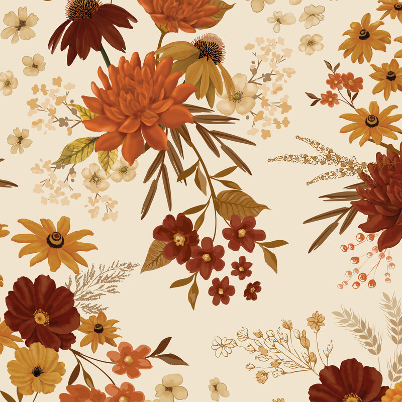 Cream fabric with large fall-colored leaves and florals.