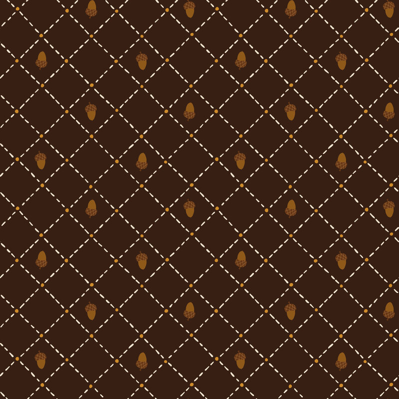 Mocha brown fabric with a dashed and dotted grid pattern filled with flipped acorns.