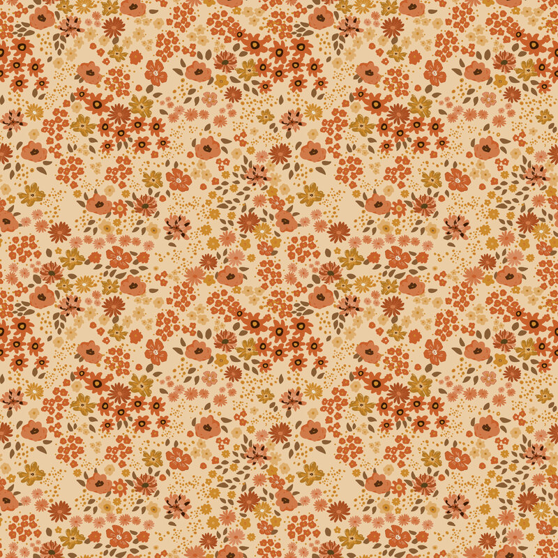 Almond tan fabric with a bloom of fall-colored florals and leaves.