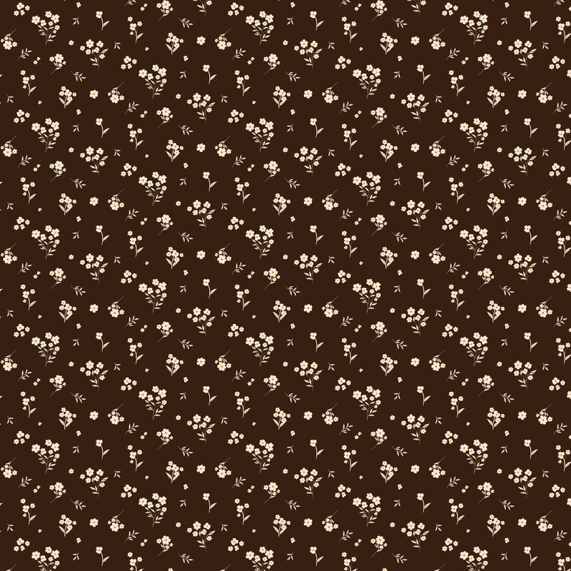 Mocha brown fabric with a tossed design of white florals and leaves.